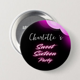 Elegant neon Pink Black retro Sweet 16th Birthday Button