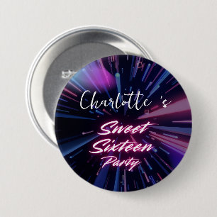 Elegant neon Pink Black retro Sweet 16th Birthday Button