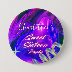Elegant neon Pink Black retro Sweet 16th Birthday Button