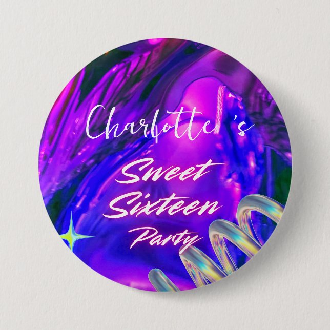 Elegant neon Pink Black retro Sweet 16th Birthday Button (Front)