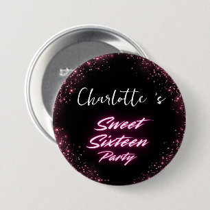 Elegant neon Pink Black retro Sweet 16th Birthday  Button