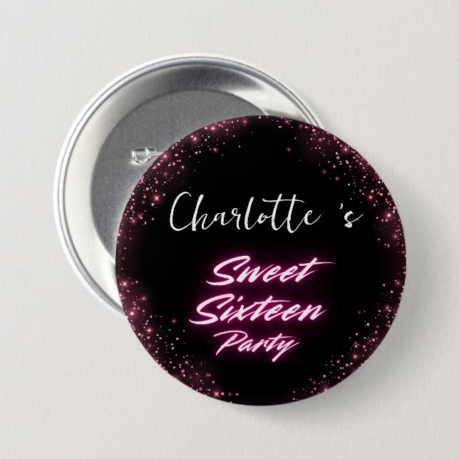 Elegant neon Pink Black retro Sweet 16th Birthday  Button (Front & Back)