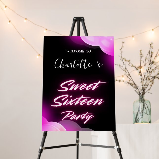 Elegant neon Pink Black retro Sweet 16th Birthday  Foam Board (In Situ (Stand))