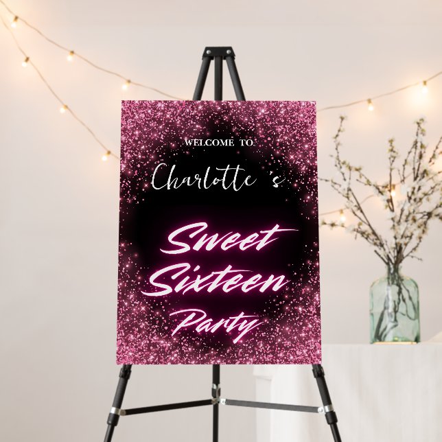 Elegant neon Pink Black retro Sweet 16th Birthday  Foam Board (In Situ (Stand))