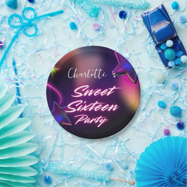Elegant neon Pink Black retro Sweet 16th Birthday  Paper Plates (Party)