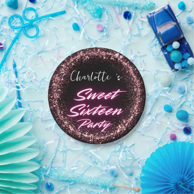 Elegant neon Pink Black retro Sweet 16th Birthday  Paper Plates (Party)