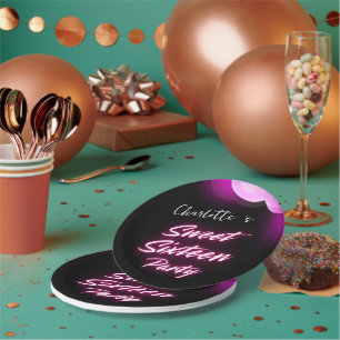 Elegant neon Pink Black retro Sweet 16th Birthday  Paper Plates