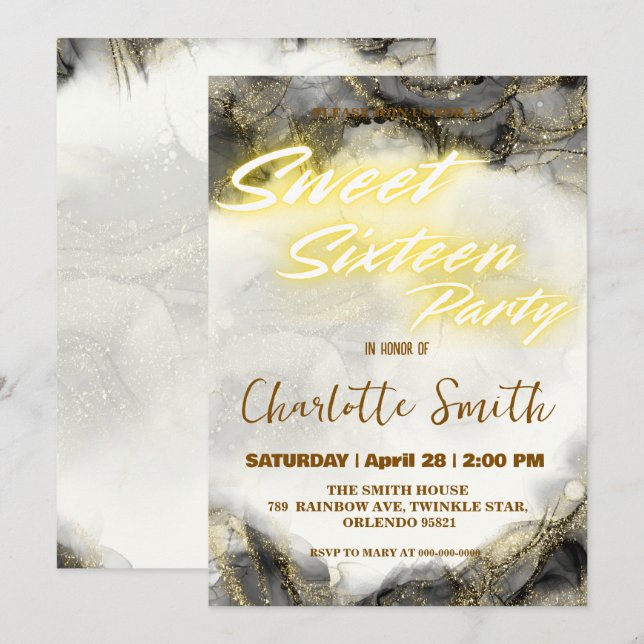 Elegant neon pink marble Gold Sweet 16th Birthday  (Front/Back)