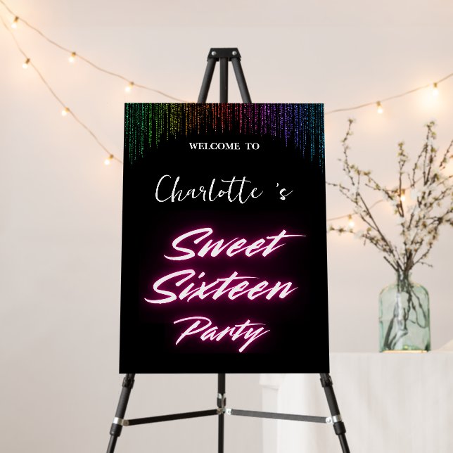 Elegant neon Pink Rainbow Sweet 16th Birthday part Foam Board (In Situ (Stand))