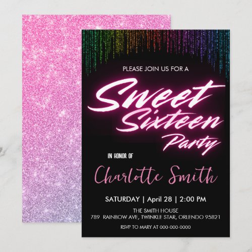 Elegant neon pink retro black Sweet 16th Birthday 