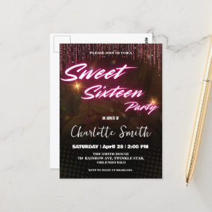 Elegant neon pink retro black Sweet 16th Birthday Postcard