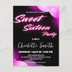 Elegant neon pink retro black Sweet 16th Birthday Postcard