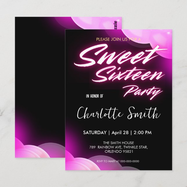 Elegant neon pink retro black Sweet 16th Birthday  Postcard (Front/Back)