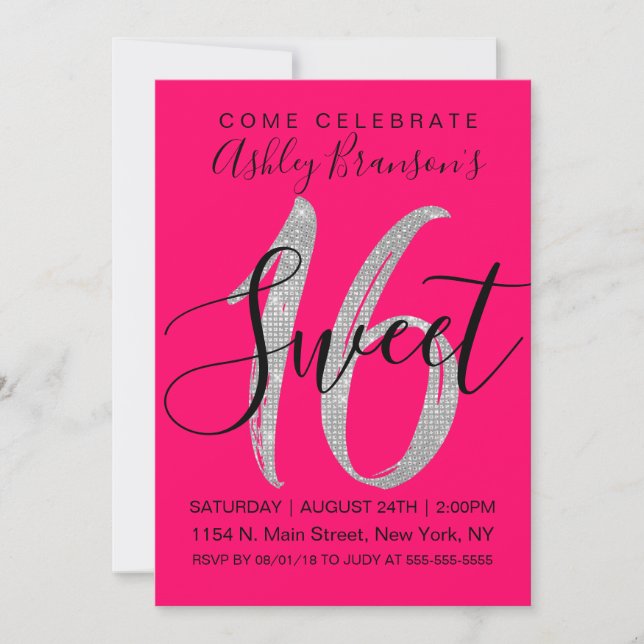 Elegant Neon Pink Silver Sequin Glitter Sweet 16 Invitation (Front)