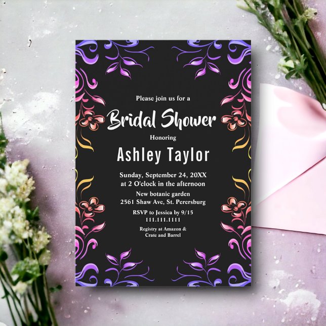 Elegant Neon Roses Black Floral Bridal Shower Invitation (Creator Uploaded)