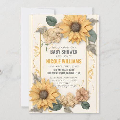 Elegant Neutral Baby Shower Sunflower Leaves Frame Invitation