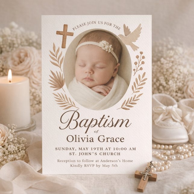 Elegant Neutral Baptism Photo Invitation with Dove (Baby Girl Baptism Invitation with Photo, Cross and Dove in Beige)