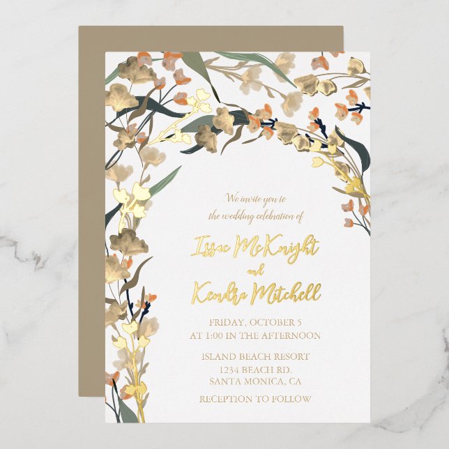 Elegant Neutral Beige Boho Botanical Wedding Foil Invitation (Front/Back)