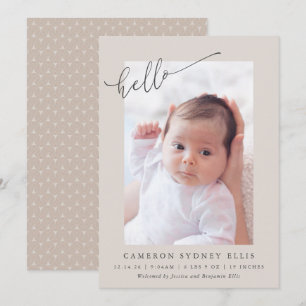 Elegant Neutral Beige Minimalist Hello Photo Birth Announcement