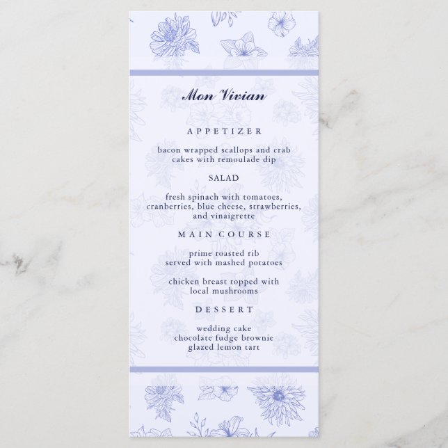 Elegant Neutral Blue Flowers Guest Name Dinner Menu (Front)