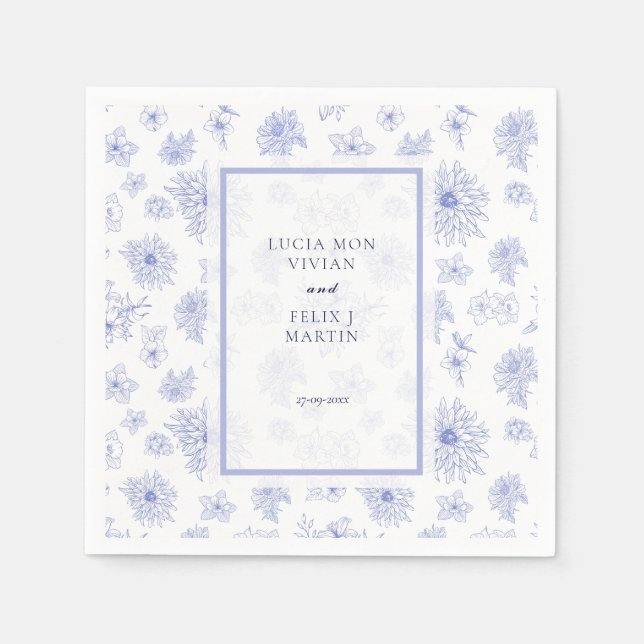 Elegant Neutral Blue Shadow floral Wedding Dinner Napkins (Front)