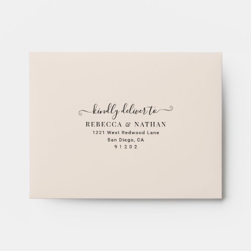 Elegant Neutral Blush Printed Return Address RSVP Envelope - Designed to coordinate with our Romantic Script wedding collection, this customizable RSVP envelope with pre-printed return address, features a neutral blush envelope with black text and botanical line art pattern set on a neutral blush background on the inside. To make advanced changes, please select "Click to customize further" option under Personalize this template.