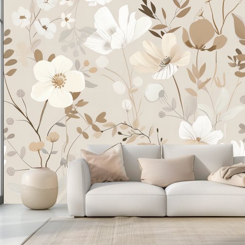 Elegant Neutral Boho Beige Floral  Wallpaper