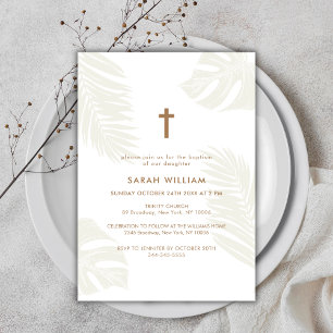 Elegant Neutral Boho Leaves Gold Cross Baptism Invitation