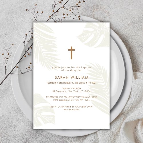 Elegant Neutral Boho Leaves Gold Cross Baptism  Invitation