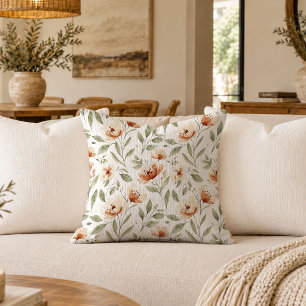 Elegant Neutral Boho Wildflowers Watercolor Throw Pillow