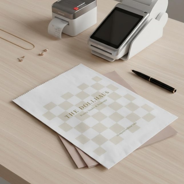 Elegant Neutral Checkered Background Business Name Favor Bag (Creator Uploaded)