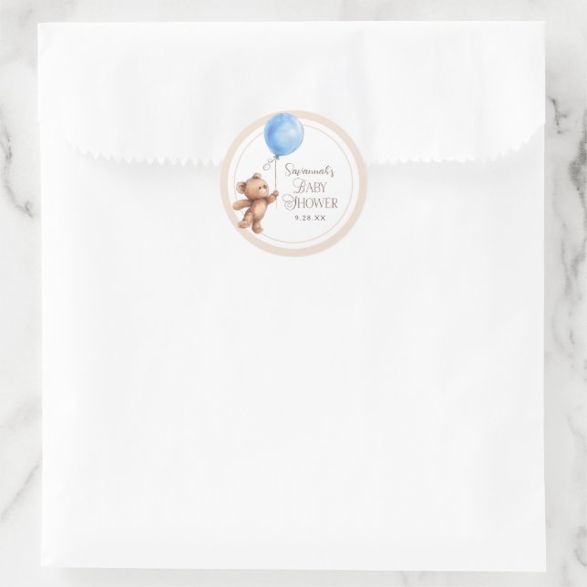 Elegant Neutral Custom Bear Baby Shower Classic Round Sticker (Bag)
