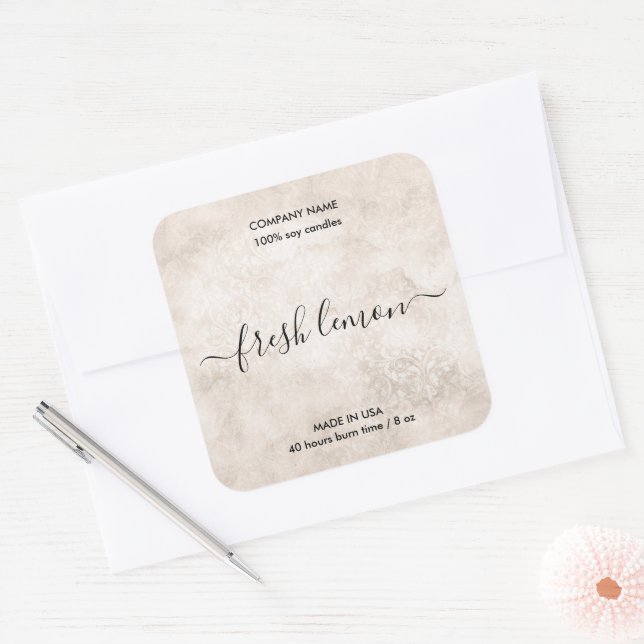 elegant neutral damask rustic candle product label (Envelope)