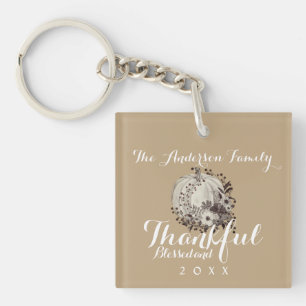 Elegant Neutral Family Name Blessed and Thankful Keychain