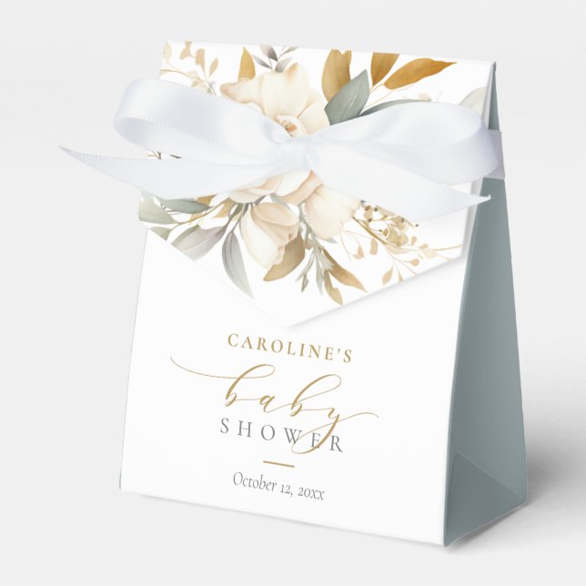 Elegant Neutral Floral Baby In Bloom Baby Shower Favor Boxes (Front Side)