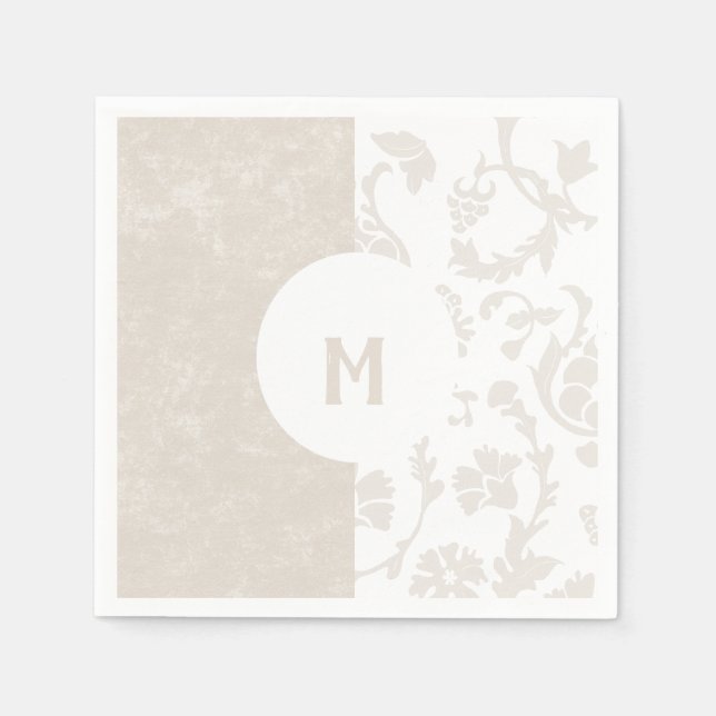 Elegant Neutral Floral Damask Monogram Party Napkins (Front)
