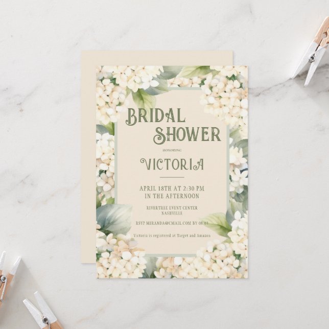 Elegant Neutral Floral Hydrangea Bridal Shower Invitation (Front/Back In Situ)