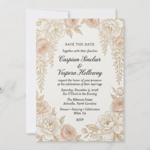 Elegant Neutral Floral Save the Date Card | Vintag