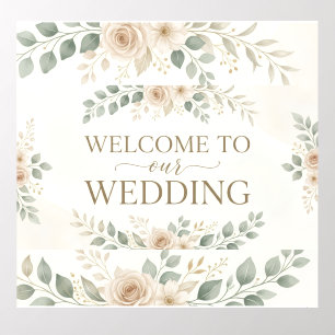 Elegant Neutral Floral Watercolor Wedding Welcom Wall Decal