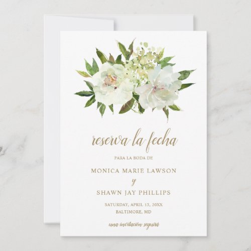 Elegant Neutral Floral White Ivory Gold Spanish Save The Date