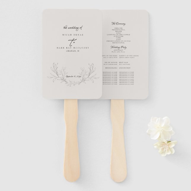 Elegant Neutral Hand-Drawn Foliage Wedding Program Hand Fan (Front and Back)