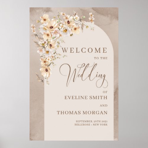 Elegant neutral ivory white flower wedding welcome poster
