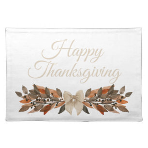 Elegant Neutral Leaf “Happy Thanksgiving” Fall Cloth Placemat