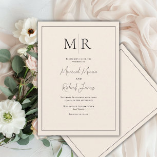 Elegant Neutral linen Monogram Modern Wedding Invitation