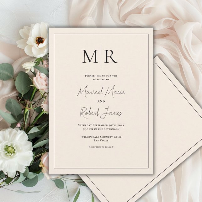 Elegant Neutral linen Monogram Modern Wedding Invitation (Creator Uploaded)