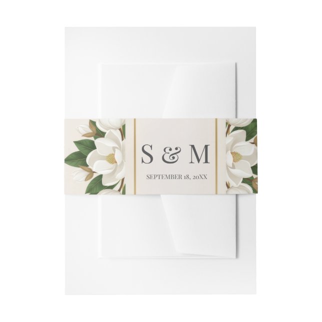 Elegant Neutral Magnolia Floral Wedding Invitation Belly Band (Front Example)