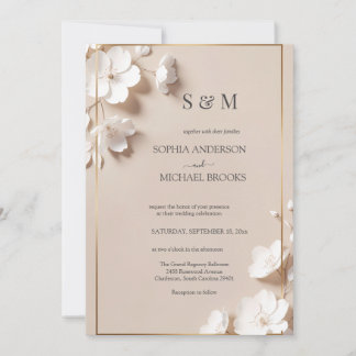 Elegant Neutral Magnolia White Floral Wedding  Invitation