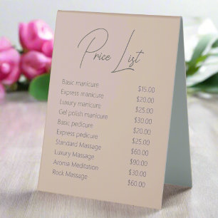 Elegant Neutral Manicurist Price List Service Table Tent