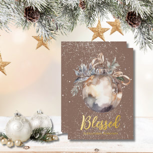 Elegant Neutral Ornament Gold Blessed Script Foil Holiday Card