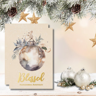 Elegant Neutral Ornament Gold Blessed Script Foil Holiday Card